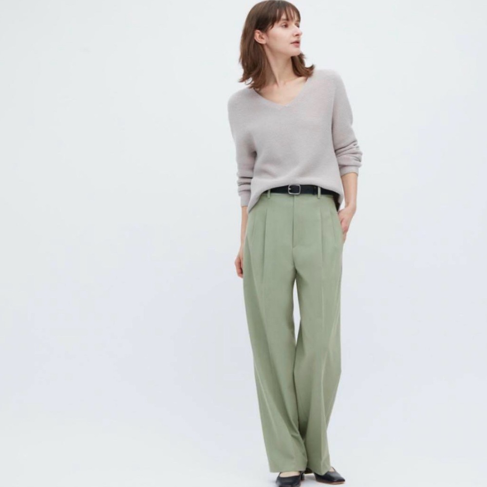 Uniqlo Pants Womens Pleated Wide Leg High Rise Trousers S Sage Green